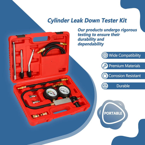 Front view of Handor Cylinder Leak Down Tester Kit in red portable case with dual gauges, hoses and adapters.
