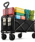Heavy Duty Collapsible Wagon With All Terrain Wheels And Drink Holders 220 Lbs Capacity Foldable Utility Cart loaded with camping gear