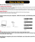 Instruction manual page for setting up Long Range Wireless 1D Barcode Scanner With USB Receiver, showing laptop and scanner connection.