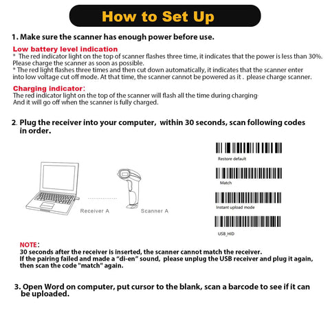 Instruction manual page for setting up Long Range Wireless 1D Barcode Scanner With USB Receiver, showing laptop and scanner connection.