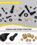 Brass Heat Set Threaded Inserts Kit With Hex Socket Screws Nuts Washers For Plastic 3D Printing M2 M2.5 M3 M4 M5 shown.