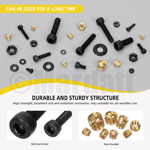 Brass Heat Set Threaded Inserts Kit With Hex Socket Screws Nuts Washers For Plastic 3D Printing M2 M2.5 M3 M4 M5 shown.