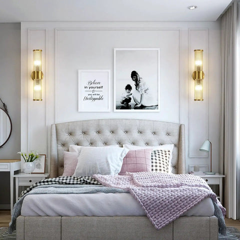 Modern Crystal Wall Sconce Gold Light With Brushed Titanium Finish And Trophy Glass Shade Wall Mount Fixture in bedroom
