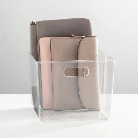 Small Modern Plastic Storage Organizer Bin With Easy Grab Handles For Home Closet Organization See Through Clear Finish Ideal For Shelves