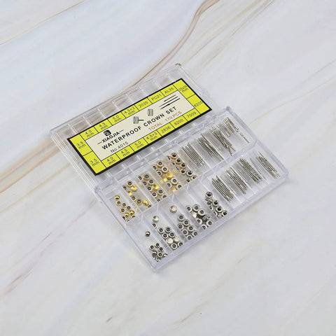 162 Piece Watch Repair Kit with Copper Stainless Steel Crowns and Stem Extenders in case on white surface.