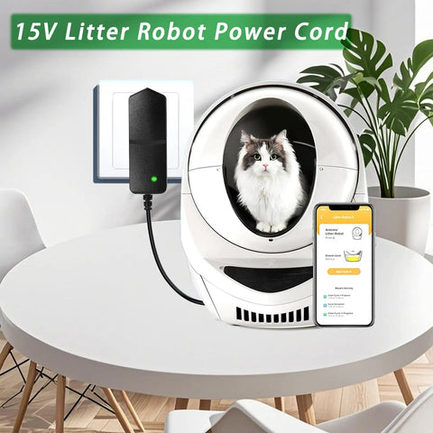 No Fuss Heavy Duty Plug And Play Car Jump Starter Power Cord Replacement Charger Adapter 15V 1A on table with cat in Litter Robot.