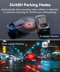 F9 Dual Dash Cam 4K Front And Rear 1080P With WiFi GPS App Control showing parking modes and night time time-lapse monitor