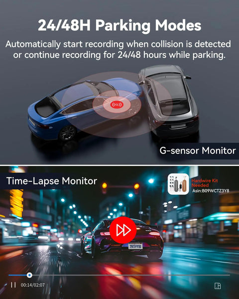 F9 Dual Dash Cam 4K Front And Rear 1080P With WiFi GPS App Control showing parking modes and night time time-lapse monitor