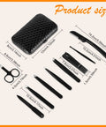 9 Piece Stainless Steel Eyebrow Tweezers Kit With Leather Travel Case, showing tools and case with dimensions on display