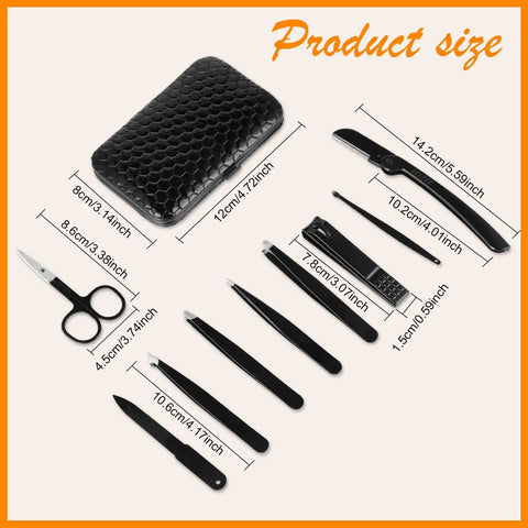 9 Piece Stainless Steel Eyebrow Tweezers Kit With Leather Travel Case, showing tools and case with dimensions on display