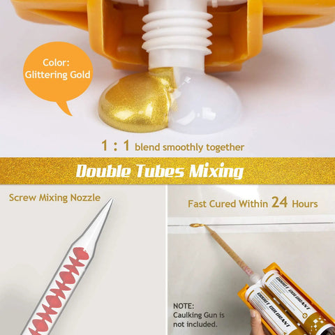 Epoxy Grout Glittering Gold Dual Tubes Waterproof Tile Grout 19oz 400ml for shower bathroom with mixing process.