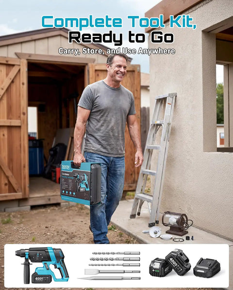 Man holding a box with Go Cordless With This 1-Inch SDS-Plus Rotary Hammer Drill Featuring Brushless Motor, toolbox and batteries shown.