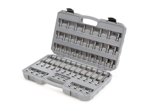 Three Eighths Inch Drive Socket Set With Hex Torx Phillips Slotted And Square Bit Sockets, 53 Piece Go To Kit in open gray case