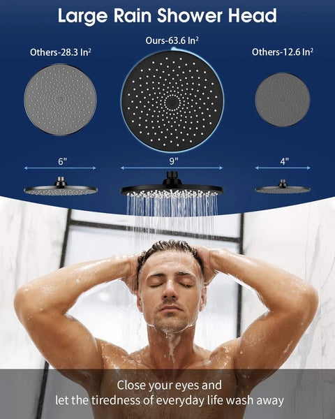 9 Inch Rain Shower Head With 200 Nozzles For Gentle Spa Level Water Flow And High Pressure Performance Large Surface Coverage