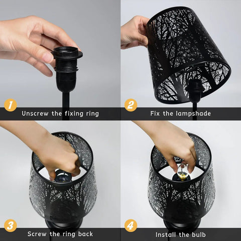 Assembly steps for 3 Level Dimmable Touch Table Lamp Black Metal Tree Pattern Shadow Bedside Cozy Night Light For Kids Vintage Accent Decor For Bedroom Living Room Mood Lighting In Small Spaces