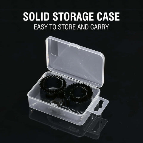 KATA 6-piece hole saw kit in clear plastic case with black hole saws, mandrels and hex key