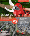 Two In One Cordless Pole Pruner With 15 Ft Reach Brushless Motor Dual 2000mAh Batteries showing cutting capabilities and comparison