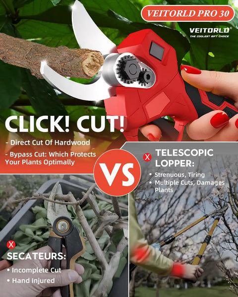 Two In One Cordless Pole Pruner With 15 Ft Reach Brushless Motor Dual 2000mAh Batteries showing cutting capabilities and comparison