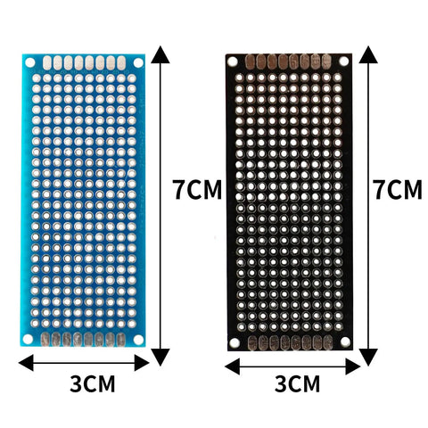 Double Sided PCB Board Prototype Kit 24 Pieces 3x7 cm Universal Printed Circuit Boards For DIY Soldering And Electronic Projects Two Color Black And Blue Random Color Mix showing dimensions