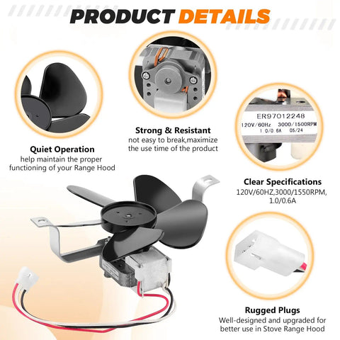 Range Hood Fan Motor Replacement 120V 60Hz 3000 1500 RPM Two Speed Exhaust Motor details diagram with specifications.