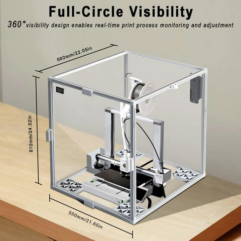 Acrylic Enclosure For 3D Printer With 360 Degree Transparent Cover Built In LED Light Power Strip Thermo Hygrometer Dust And Odor Isolation Noise Reduction And Stable Temperature For ABS PETG ASA PC Prints on a table