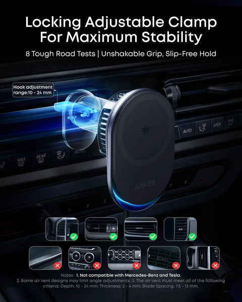 Prime MagSafe Car Mount Charger With Qi2 25W Wireless Fast Charging attached to car air vent, highlighting adjustable clamp
