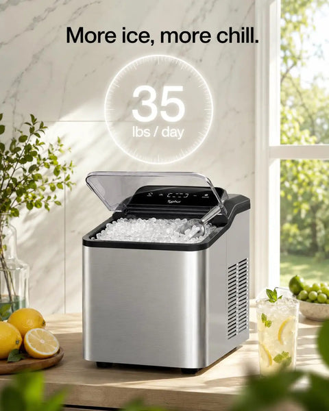 Top Rated Countertop Nugget Ice Maker With One Touch Deep Cleaning And Sleek Arctic Silver Trim Designed To Quickly Whip Up Soft Chewable Pebble Ice That Chills Your Daily Drinks Lightning Fast, showing ice production and design.