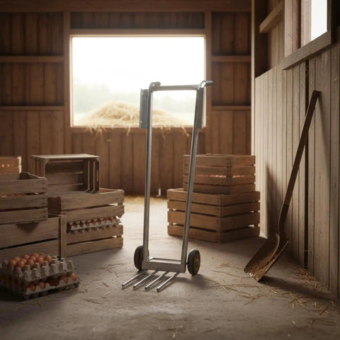 Two-Wheel Hand Truck Front Prongs Crate Carrier Portable Transport Tool For Moving Crates And Stacked Loads Easy Push Cart For Quick Hauls With Durable Tubular Frame And Grip Handles For Stable Handling, in barn with crate prongs