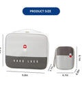 Two Pack Travel First Aid Kits With Multi Compartment Organizer Bags For Grab And Go Travel Storage Large And Small Medical Sets For Travel Car Home Camping Hiking Office Outdoor Use In Oxford Grey shown with product dimensions.