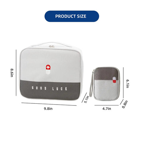 Two Pack Travel First Aid Kits With Multi Compartment Organizer Bags For Grab And Go Travel Storage Large And Small Medical Sets For Travel Car Home Camping Hiking Office Outdoor Use In Oxford Grey shown with product dimensions.