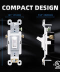 3 Way Toggle Light Switch 15 Amp 120 Volt In Wall On Off Replacement Self Grounding Residential And Commercial Grade UL Listed Glossy White Pack Of 20, showing compact design and dimensions