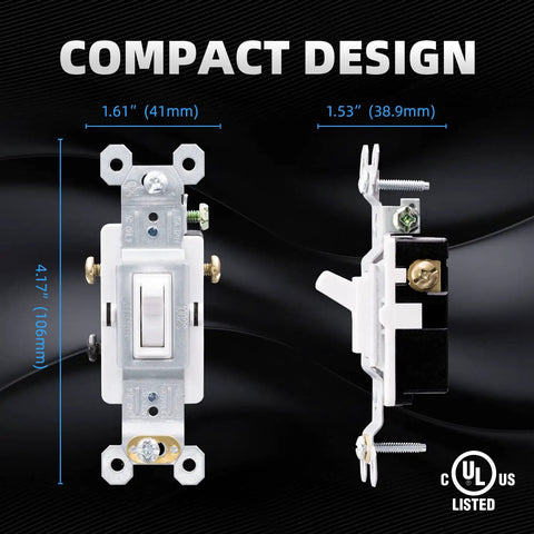 3 Way Toggle Light Switch 15 Amp 120 Volt In Wall On Off Replacement Self Grounding Residential And Commercial Grade UL Listed Glossy White Pack Of 20, showing compact design and dimensions