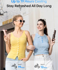 Two women holding 3 In 1 Pocket Handheld Mini Fan With Built In Power Bank And Flashlight USB Rechargeable, outdoor scene