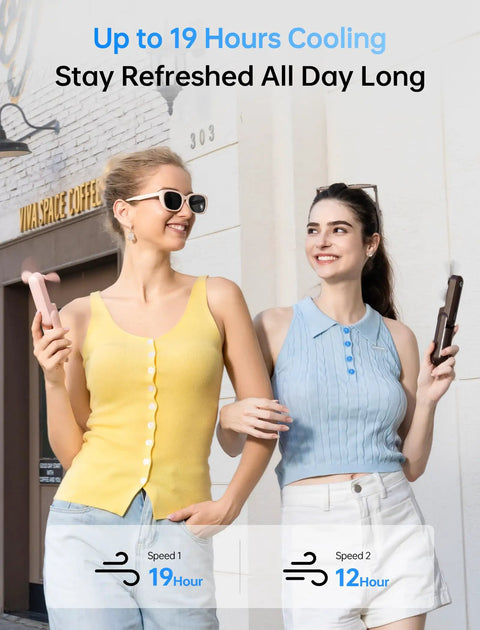 Two women holding 3 In 1 Pocket Handheld Mini Fan With Built In Power Bank And Flashlight USB Rechargeable, outdoor scene