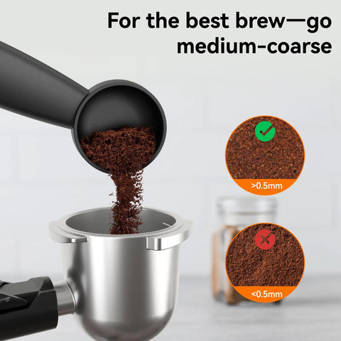 Ground coffee being poured into 3.5 Bar 4 Cup Espresso Cappuccino Machine With Milk Frother Stainless Steel Compact Home Espresso Maker