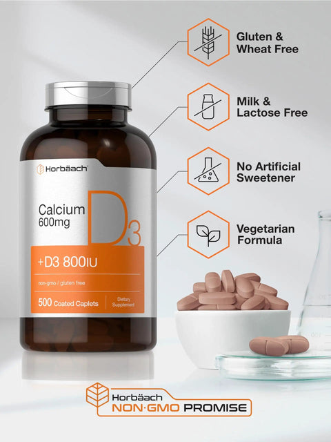 Calcium 600 Mg With Vitamin D3 Coated Caplets for Women and Men, Vegetarian, Non GMO Gluten Free Supplement, 500 Caplets