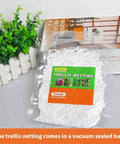 Heavy Duty Polyester Plant Trellis Netting 5 Ft By 15 Ft With 6 Inch Mesh Workhorse vacuum sealed pack displayed on tabletop