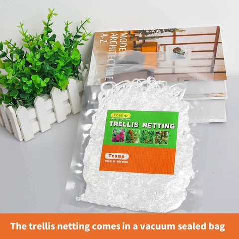 Heavy Duty Polyester Plant Trellis Netting 5 Ft By 15 Ft With 6 Inch Mesh Workhorse vacuum sealed pack displayed on tabletop