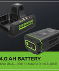Greenworks 4.0Ah battery and dual-port charger for 82V 18 Inch Brushless Cordless Chainsaw With 2.7kW Power
