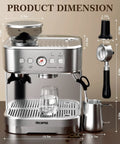 Top Shelf Semi Automatic Espresso Machine Paired With A Dead Silent Conical Burr Grinder And Polished Stainless Steel Milk Frother For Bold Morning Brews Daily dimensions displayed with a glass and milk frother.