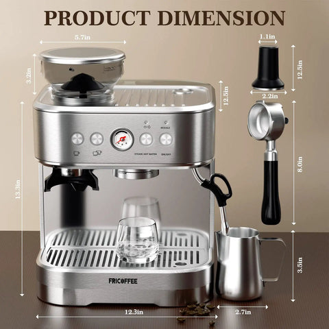 Top Shelf Semi Automatic Espresso Machine Paired With A Dead Silent Conical Burr Grinder And Polished Stainless Steel Milk Frother For Bold Morning Brews Daily dimensions displayed with a glass and milk frother.