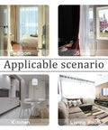 Christmas Green Semi Sheer Curtains in various rooms: bedroom, study, kitchen, living room, showcasing light filtering and cozy vibe.