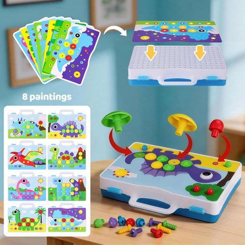 224 Piece Drill And Screwdriver STEM Building Set For Kids With 2D And 3D Blocks Kit Totally Great For Hands On Learning Fine Motor Skills And Creative Problem Solving. 8 painting boards with dinosaur and animal peg designs, storage case open