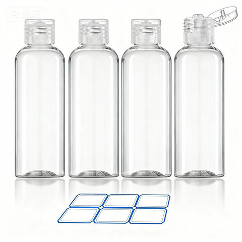 Four Pack 3.4 Oz Travel Bottles Set for Toiletries, TSA Approved, Leak Proof Plastic Containers With Labels