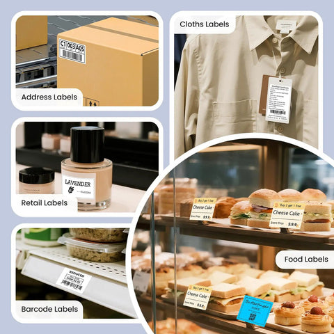 Wireless Bluetooth Thermal Label Printer For Home And Business Prints Two Inch Wide Shipping Labels On Standard Rolls Compact Desktop Maker With Three Included Rolls showing various label types.