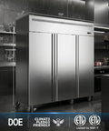 No Hassle 72 Inch Three Door Commercial Refrigerator Stainless Steel Reach In Upright Fridge showing exterior and measurements in kitchen.