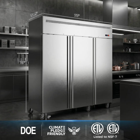 No Hassle 72 Inch Three Door Commercial Refrigerator Stainless Steel Reach In Upright Fridge showing exterior and measurements in kitchen.