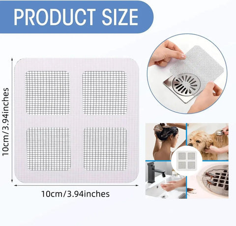 Ten Pack Square Disposable Shower Drain Hair Catcher Stickers show 3.94 inch size with grid design for effective hair trapping.