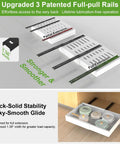 Upgraded 3 Patented Full-pull Rails for Heavy Duty Two Pack Expandable Pull Out Cabinet Organizer With Slick Full Extension Slides And No Sweat Adhesive Setup For Smooth Rolling Shelves That Handle Ninety Pounds In Clean White Finish.