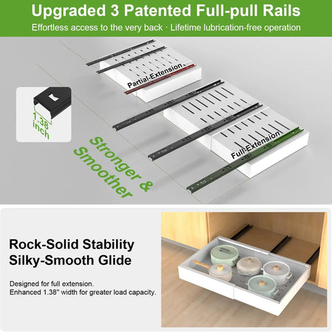 Upgraded 3 Patented Full-pull Rails for Heavy Duty Two Pack Expandable Pull Out Cabinet Organizer With Slick Full Extension Slides And No Sweat Adhesive Setup For Smooth Rolling Shelves That Handle Ninety Pounds In Clean White Finish.